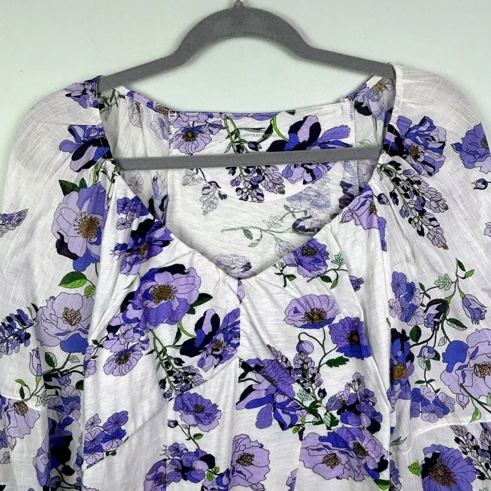 Anthropologie Purple White Floral Ruched Balloon Sleeve Top Cotton Knit Boho M